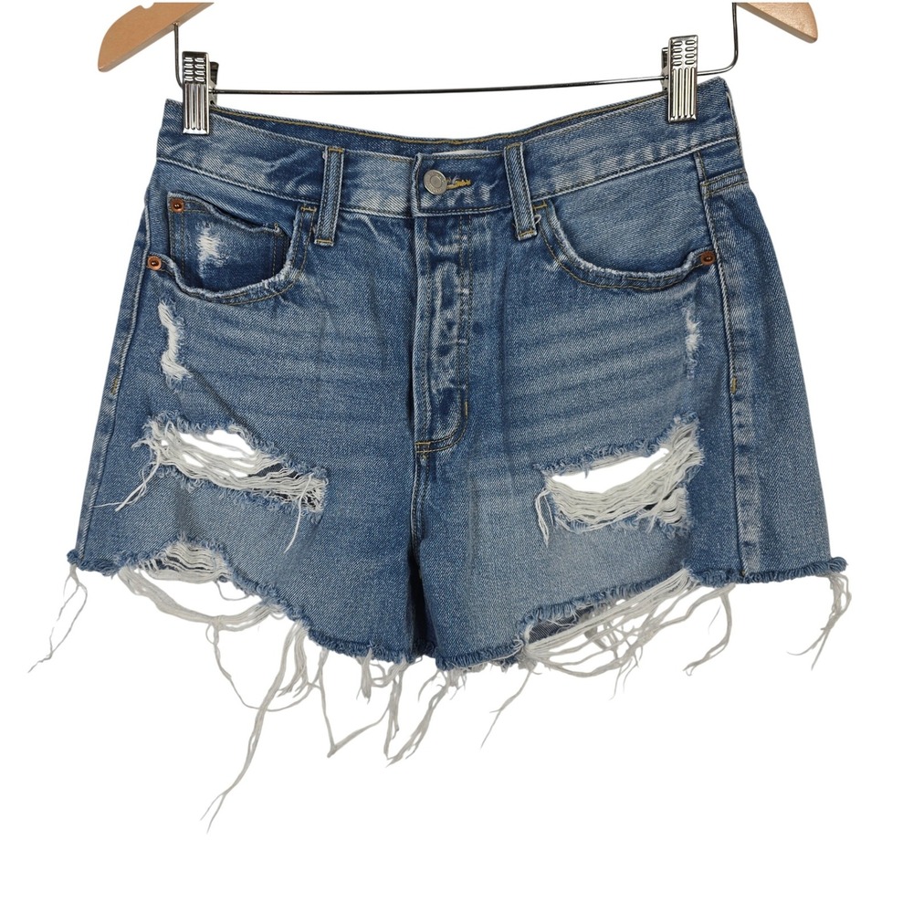 Cello High Rise Distressed Denim Shorts Medium Wash Blue Button Fly M